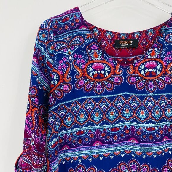 Renee C Size Small Blue & Pink Boho Print V Neck Hi Low 3/4 Sleeve Blouse Top - Picture 4 of 10